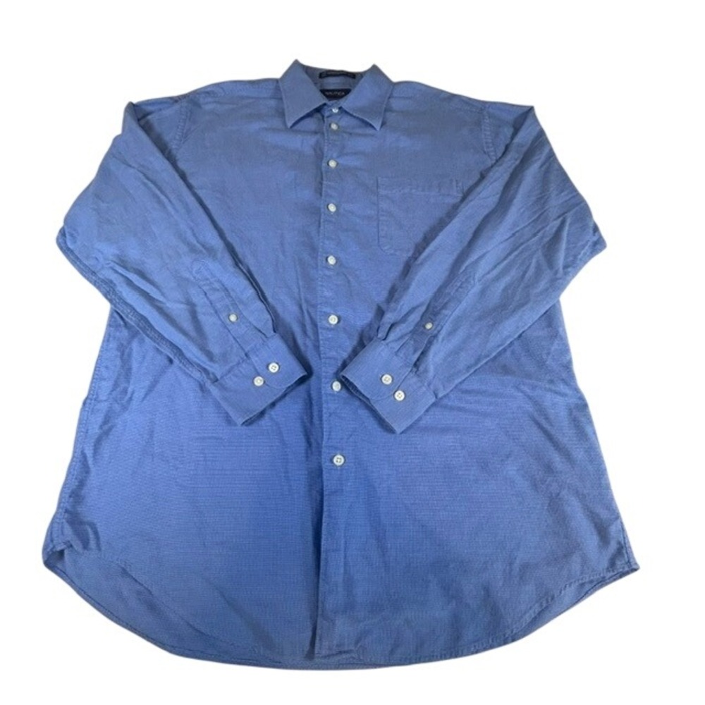 Nautica Men's Blue White Long Sleeve‎ Button Up Cotton Dress Shirt 16.5- 34/35